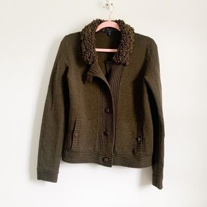 Gap Fuzzy Collar Moto Style Cardigan Sweater Army Green Medium 100% Wool